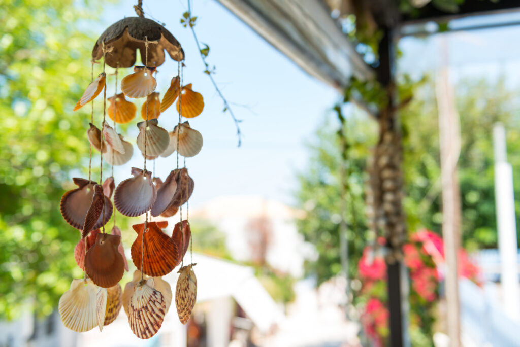 Hanging shell decoration in the streets of Lefkada, Greece