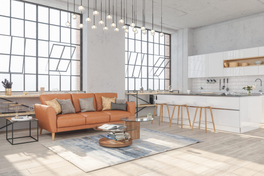 Interior of modern living room with hardwood floors and view of kitchen in new luxury home