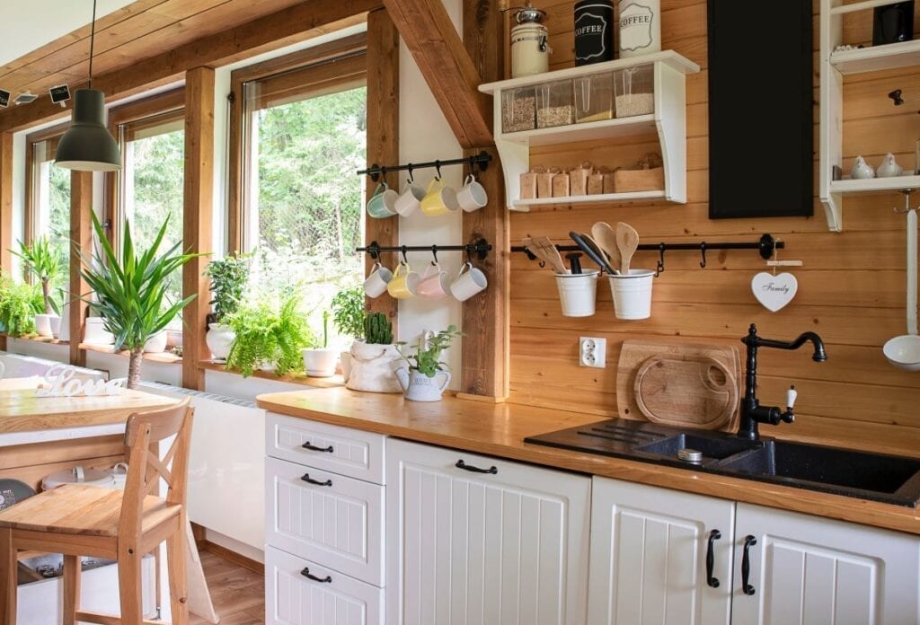 Rustic remodeled kitchen with bright white cabinets