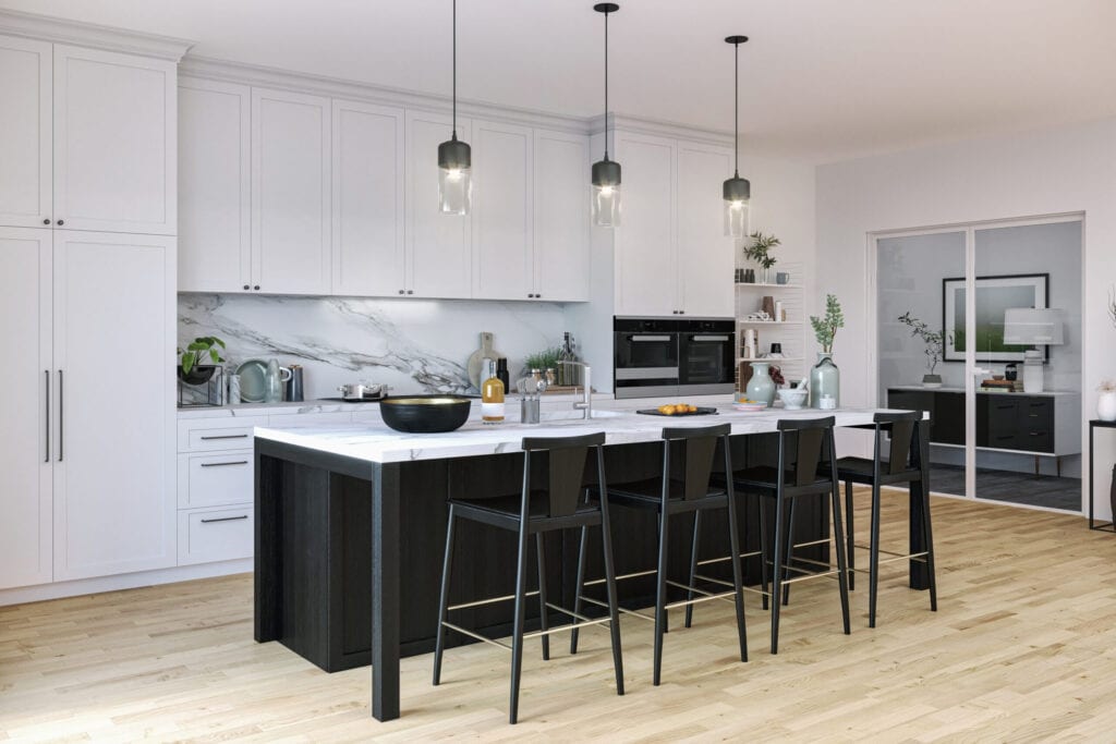 Image of modern kitchen in black and white.  Render image.