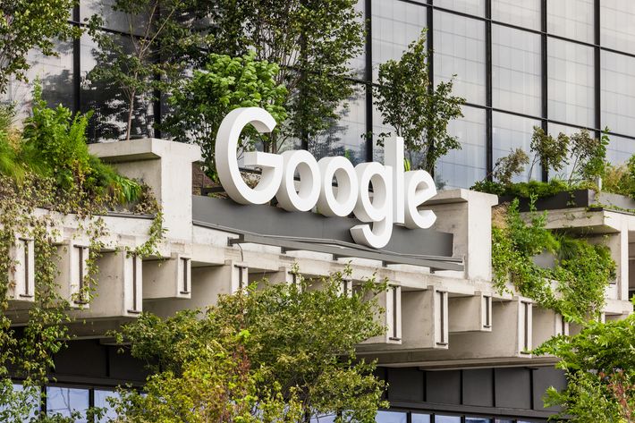 The sawn-off bridge that once crossed the avenue now carries Google's logo.