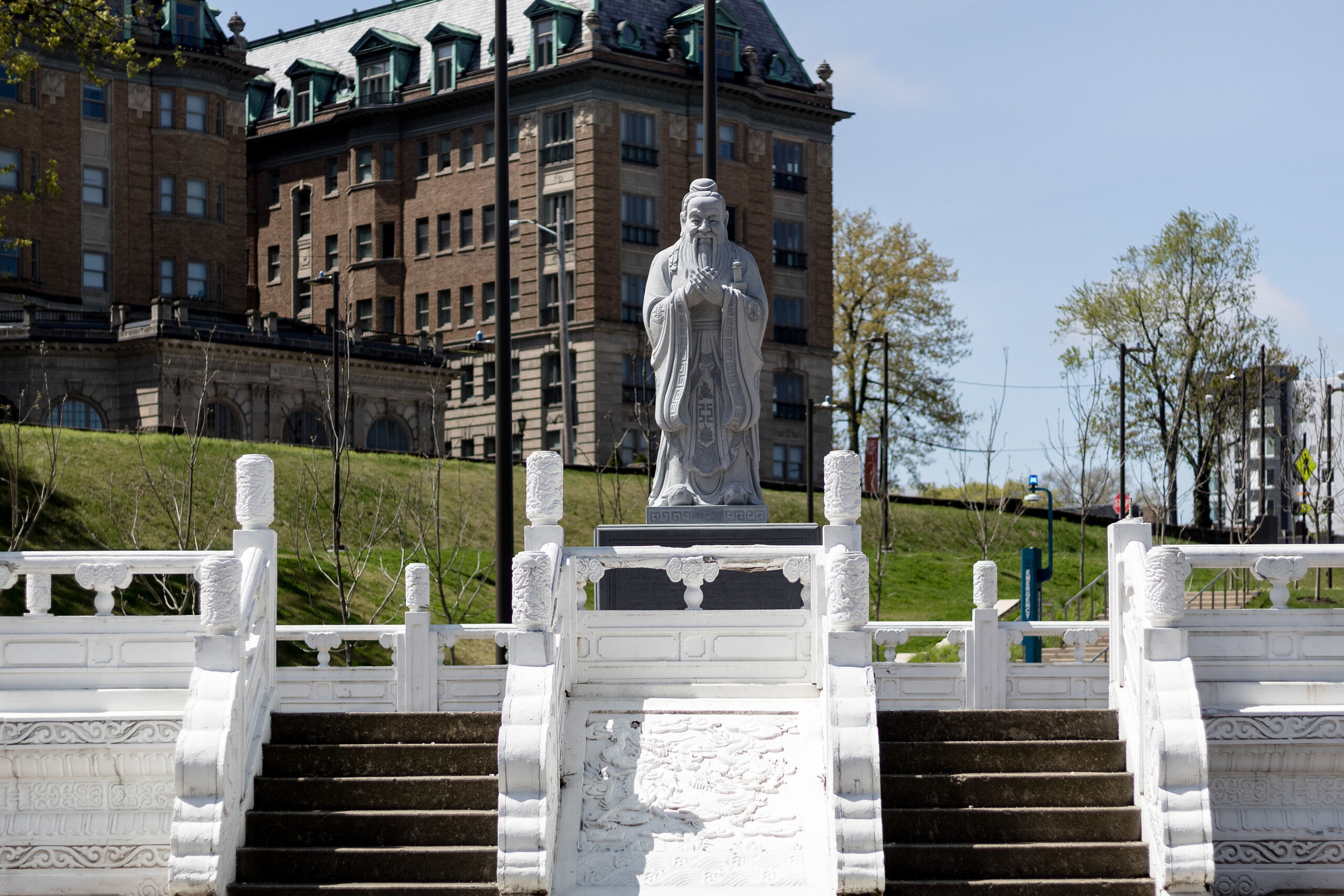 The statue in the Chinese Cultural Gardens of the Cleveland Cultural Gardens.