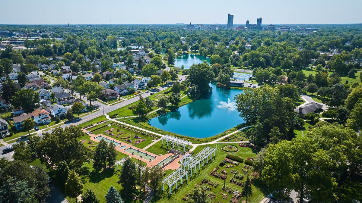 An aerial view of Lakeside Park in Fort Wayne, IN on a clear sunny day.