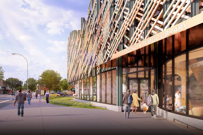 An external rendering of the BPL branch in New Lots.